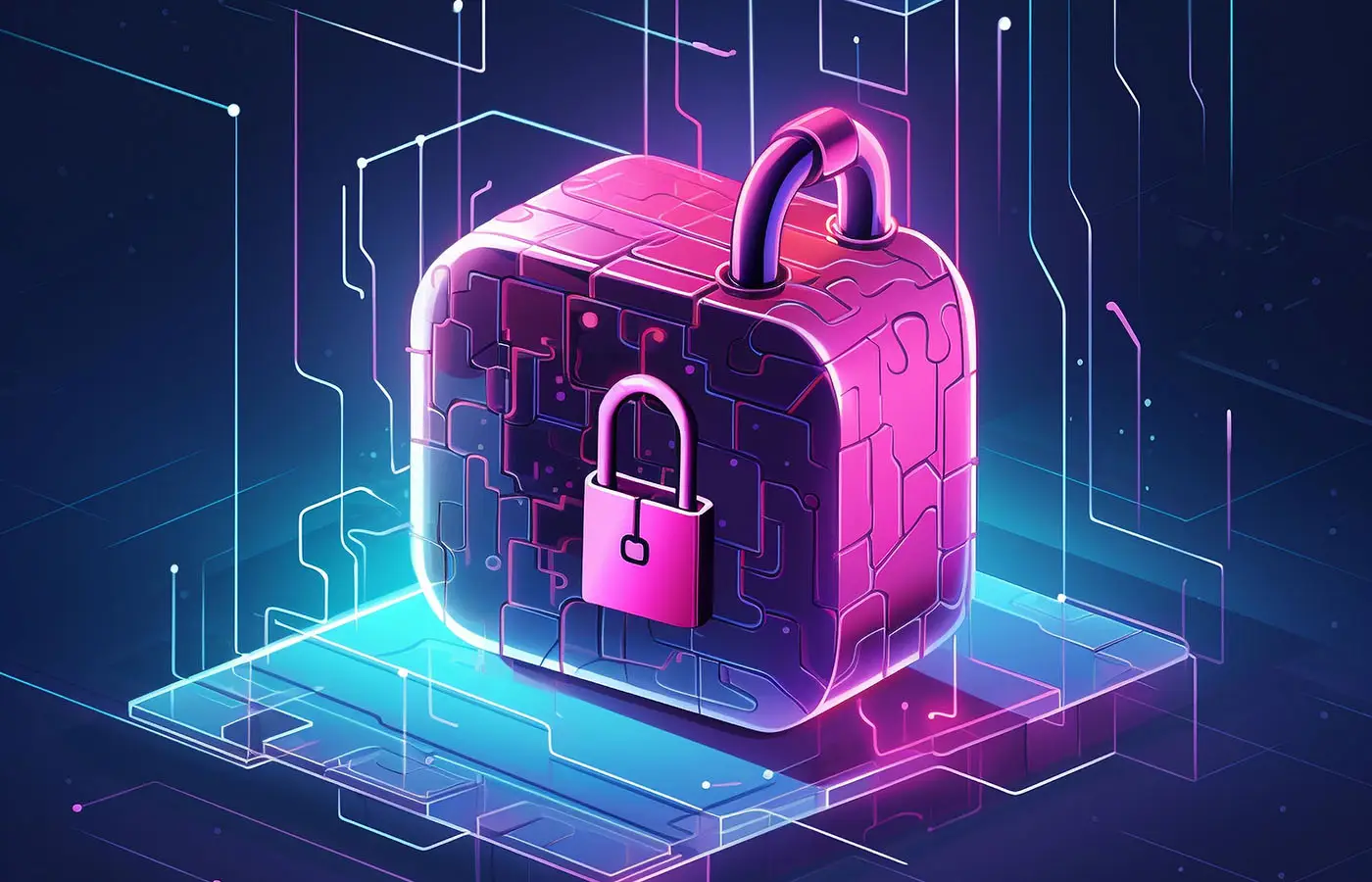 illustrazione lucchetto su sfondo tecnologico. Tonalità blu e rosa