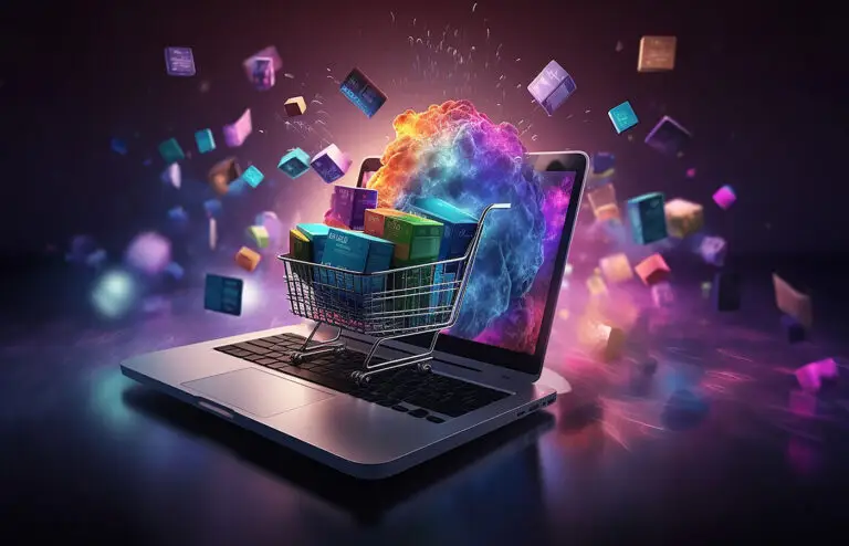 illustrazione di un carrello pieno di prodotti che esplodono posizionato sopra un laptop. Tonalità rosa viola