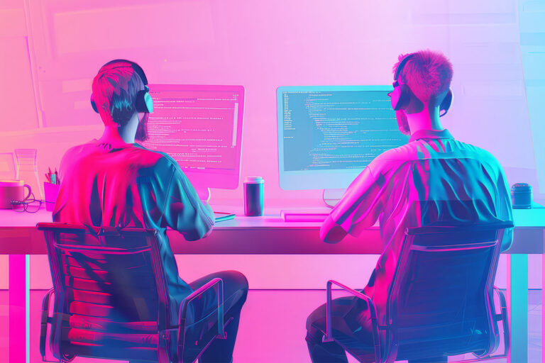 due ragazzi di spalle con cuffie seduti ad una scrivania intenti a programmare guardano i monitor dei comuputer. Tonalità sfumata dal rosa all'azzurro