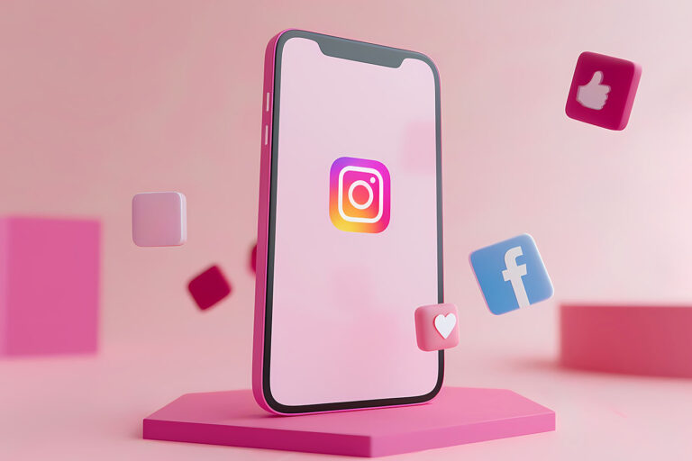 smartphone con logo instagram al centro e loghi di altri social che orbitano attorno. Tonalità rosa