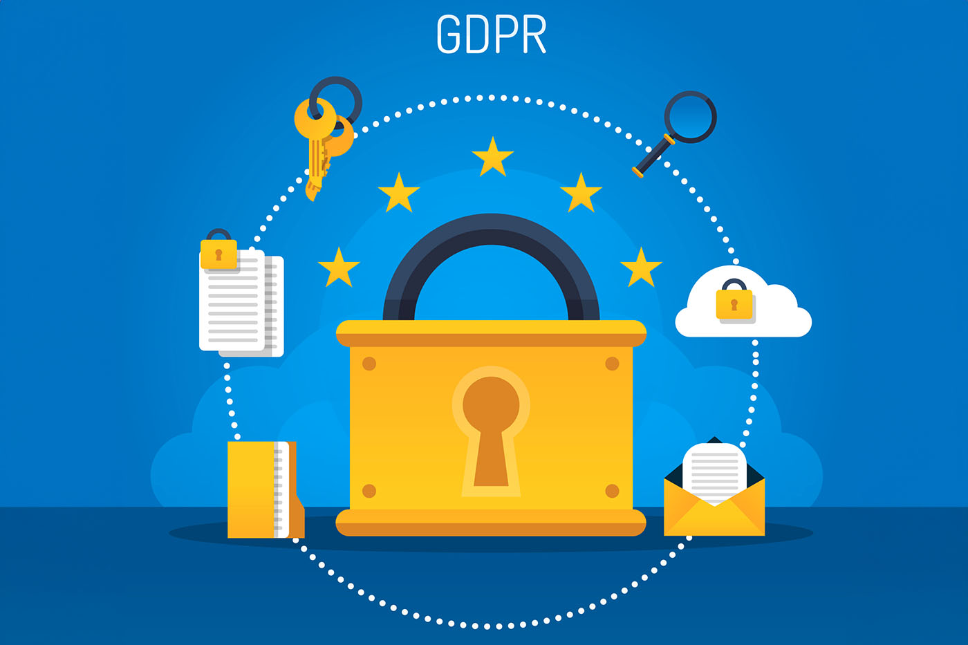 illustrazione lucchetto con icone di chiavi, lente, documenti, email, cartelle con 5 stelle gialle GDPR. Sfondo blu